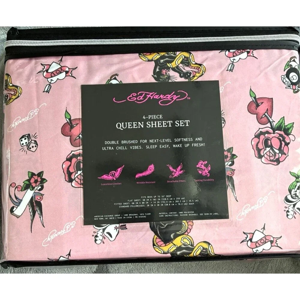 Ed Hardy Queen Sheet Set Pink Tattoo Rose Skull 4 Piece Bedding New